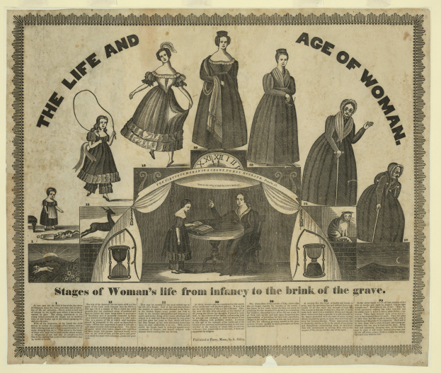 Eine farbenfrohe Papierreproduktion, die die Phasen des Lebens von Frauen von der Kindheit bis zum Alter darstellt, mit fetter Schrift und detaillierten Elementen.