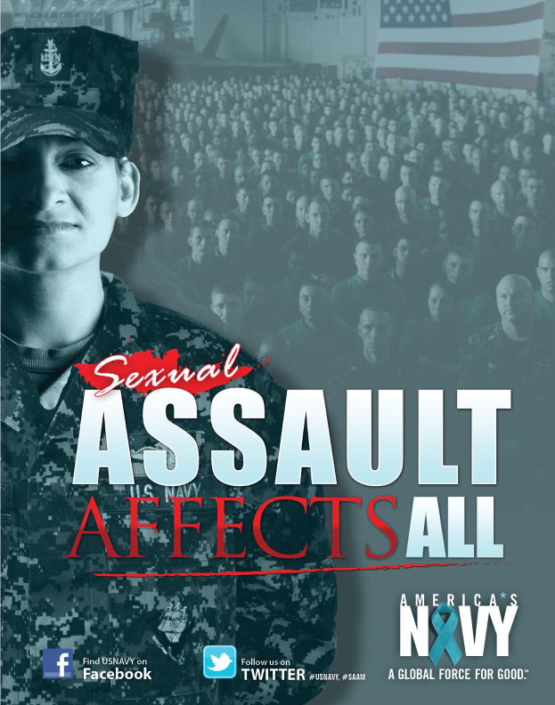 Plakat mit einer Frau in militärischer Uniform, die zu einer Menge spricht, mit einer Flagge im Hintergrund und dem Text "Sexueller Missbrauch betrifft alle."