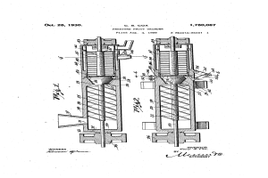 Eine Schwarz-Weiß-Zeichnung einer hydraulischen Pumpe mit der Beschriftung "US Patent 1,780,077" und "Patent für eine hydraulische Pumpe" auf einem weißen Hintergrund.