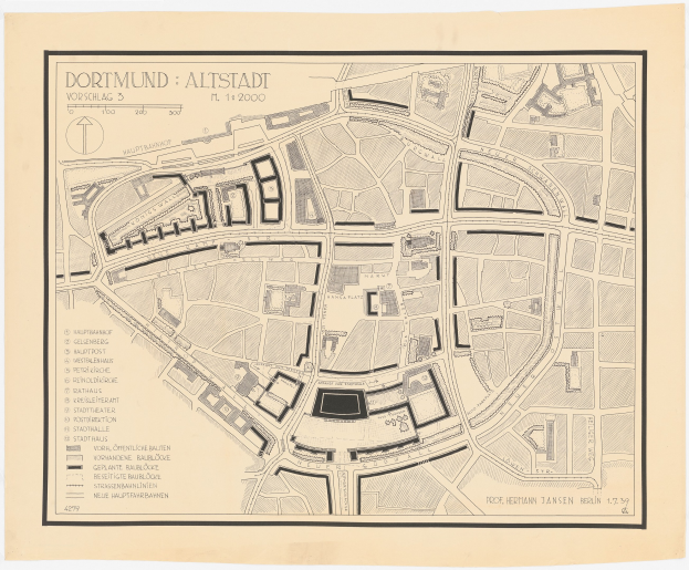 Detailiertes altes Stadtplan von Dortmund, Deutschland, zeigt Straßen, Gebäude und Sehenswürdigkeiten auf einem weißen Hintergrund mit zusätzlichen Textannotationen.