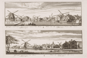 Zwei Windmühlen in den Niederlanden mit Häusern, Bäumen, Menschen und Booten im Vordergrund und einem bewölkten Himmel im Hintergrund, mit Text am unteren Bildrand.