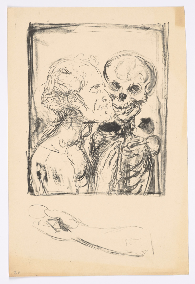 Eine Zeichnung eines Mannes und einer Frau, die sich umarmen und küssen, mit einem Schädel im Hintergrund; beide haben friedliche Gesichter.