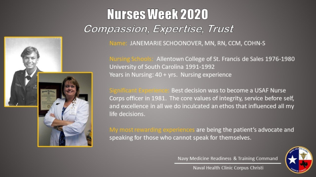 Plakat zur Nurses Week 2020 mit zwei Fotos von Pflegekräften links und dem Text "Mitgefühl, Expertise, Vertrauen" rechts sowie einem Logo in der rechten unteren Ecke.