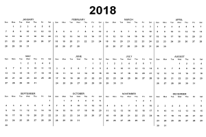 Schwarzer und weißer 2018 Kalender mit US-Feiertagen in fetter schwarzer Schrift auf weißem Hintergrund, mit wöchentlichen Zeilen.