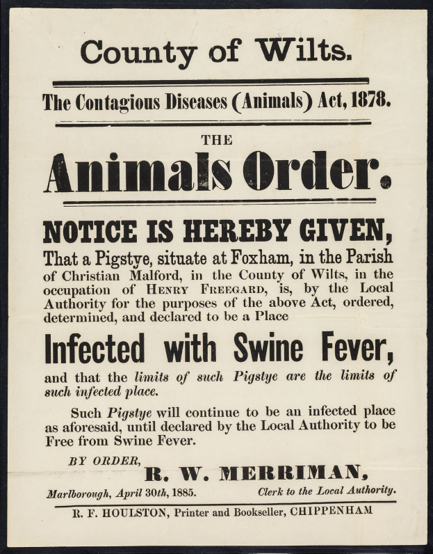 Plakat betitelt "Der Landkreis Wilts, Das Tierseuchengesetz von 1878" mit Hinweis auf Schweinepest-Infizierte Tiere.