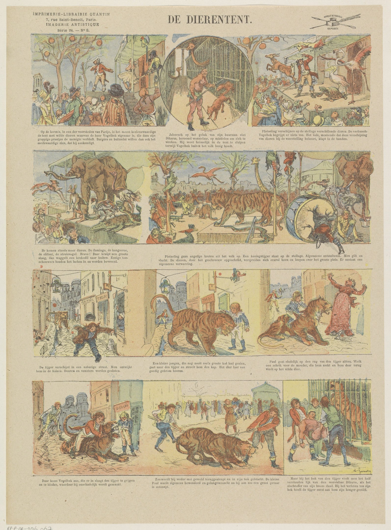 Schwarze-weiß-Illustration einer Gruppe von Menschen und Tieren, darunter ein Tiger, begleitet von Text auf einer Buchseite.