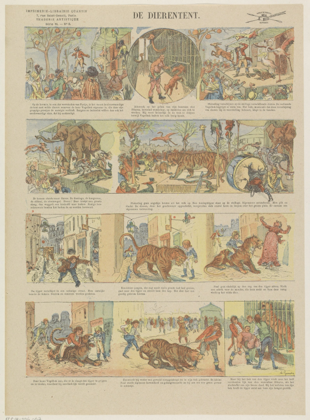 Schwarze-weiß-Illustration einer Gruppe von Menschen und Tieren, darunter ein Tiger, begleitet von Text auf einer Buchseite.