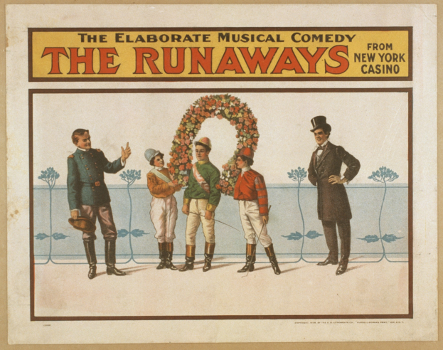 Plakat für "Elaborate Musical Comedy Runaways from New York Casino" mit einer Gruppe von Menschen in einer Reihe, einer Person mit einem Blumenstrauß und Text, der die Komödie beschreibt.