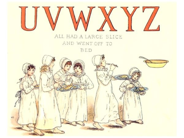 Eine Gruppe von Menschen mit Tellern voller Essen, einer Schüssel und einem Löffel, mit dem Text oben 'Uwxyz - Alle hatten eine große Scheibe und gingen ins Bett'.