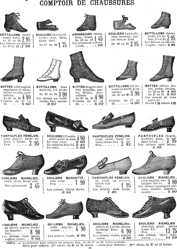Eine Buchseite mit verschiedenen Frauenschuhen in einzigartigen Designs, Preisschildern und detaillierten Informationen zur Größe, Form und Farbe, sauber angeordnet.