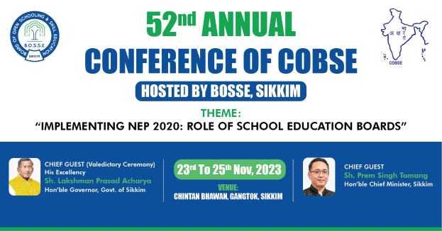 Werbung für die 52. Jahrestagung von COBSE, veranstaltet von Bosse Sikkim, mit zwei Personen und Veranstaltungseinzelheiten.