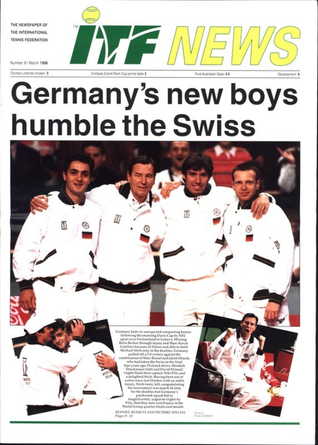 Zeitungsüberschrift "Deutschlands neue Jungs demütigen die Schweiz" mit einem Foto von grinsenden Männern in weißen Uniformen, die feiern.