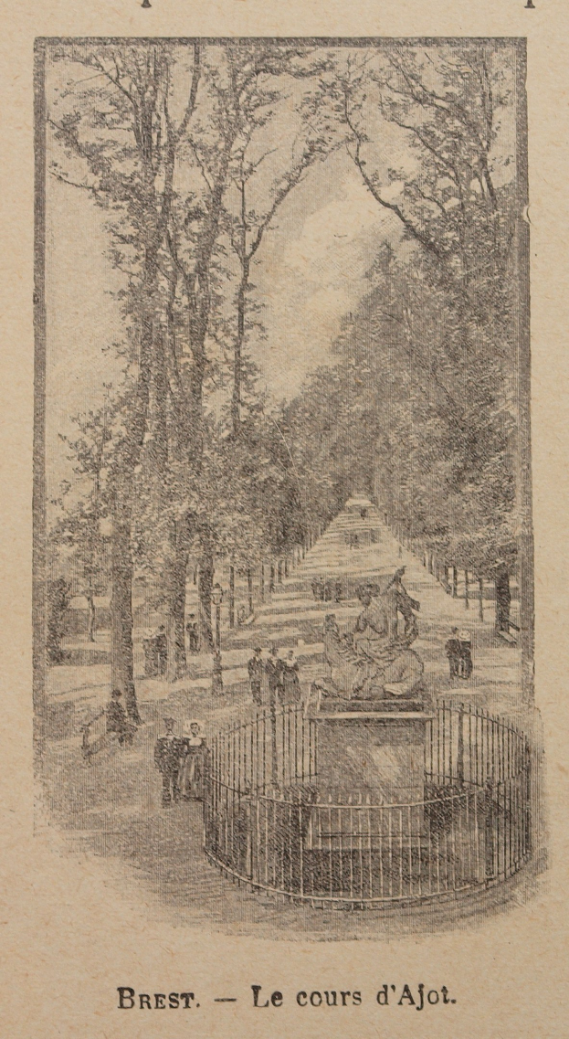 Ein altes Buchcover, das eine Parkszene mit hohen Bäumen, Menschen auf einem Weg, einem Zaun und historischem oder kulturellen Text zeigt.