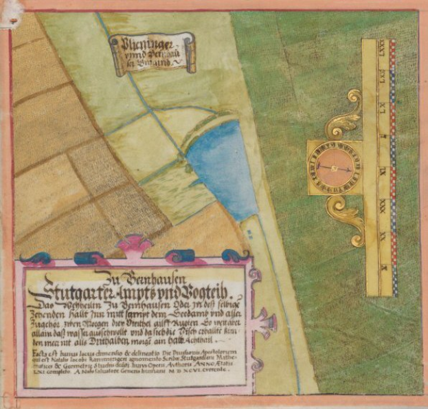 Illuminierte Handschriftenseite mit einem detaillierten Stadtplan von Stuttgart, Deutschland, mit Straßen, Gebäuden und Sehenswürdigkeiten, begleitet von beschreibendem Text.
