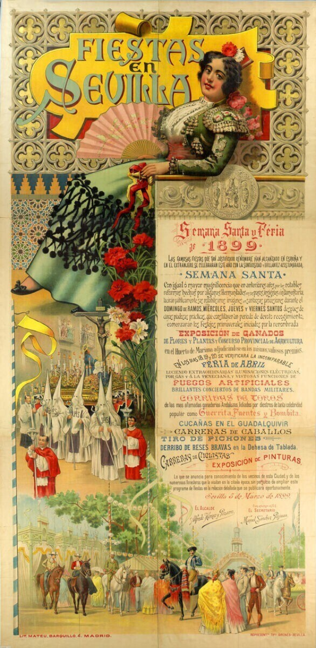 Plakat, das ein Fest in Sevilla, Spanien ankündigt, mit einer Frau in traditioneller Kleidung umgeben von Menschen, Pferden, Bäumen und Blumen mit Text über das Ereignis.