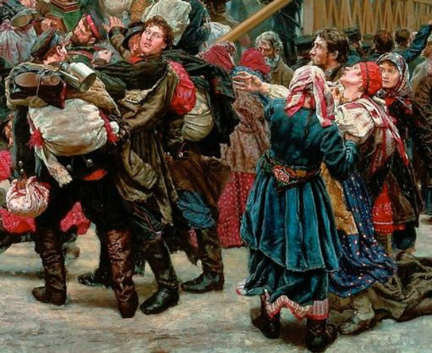 Gemälde, das eine Gruppe von Menschen in traditioneller russischer Kleidung zeigt, die tanzen und Gegenstände halten, vor einem Publikum mit einem hölzernen Haus im Hintergrund, das eine lebendige Szene aus der russischen Revolution vermittelt.