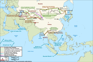 Ein detaillierter Weltkartenposter, der vorgeschlagene Öl- und Gasleitungen, wichtige Städte und Gewässer zeigt, mit begleitendem Text, der die Zwecke und Vorschläge der Leitungen beschreibt.
