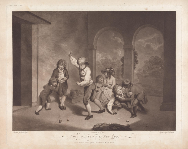 Kinder spielen ein Spiel mit Stecknadeln in einer Außenumgebung mit Bäumen, Säulen und einem bewölkten Himmel, mit dem Text "Jungen beim Stecknadelspiel" unten.