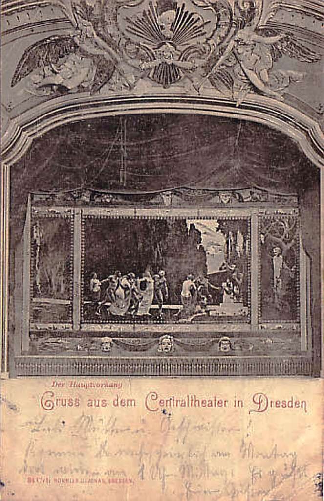 Schwarz-weiß-Postkarte einer Bühne in Dresden, Deutschland mit ein paar Menschen und Text.