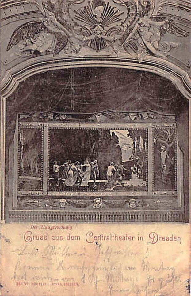 Schwarz-weiß-Postkarte einer Bühne in Dresden, Deutschland mit ein paar Menschen und Text.