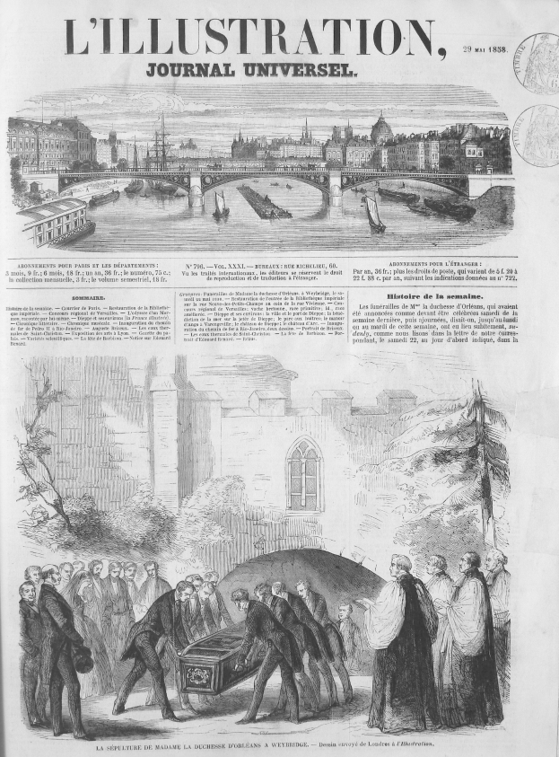 Eine Schwarz-Weiß-Zeichnung auf einer Zeitung zeigt Trauernde um einen offenen Sarg in einer Außenanlage mit Bäumen, Gebäuden, einer Brücke und einem Gewässer, begleitet von gedrucktem Text.