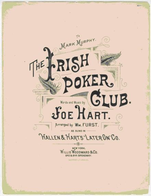 Plakat mit der Aufschrift "The Irish Poker Club" in fetter schwarzer Schrift auf einem weißen Hintergrund, eingerahmt von einem schwarzen Rand mit einer bunten Kleeblatt-Illustration.