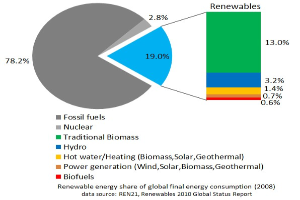 Tortendiagramm, das den globalen erneuerbaren Energieverbrauch im Jahr 2008 zeigt, aufgeteilt in Abschnitte für fossile Brennstoffe, Kernenergie, Wasserkraft, Warmwasser, Heizung, Biomasse, Solarenergie, Geothermie und Biokraftstoffe.