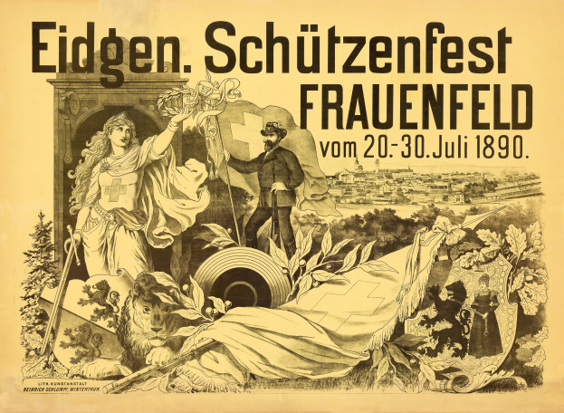 Plakat zum Eidgen Schützenfest in Frauenfeld, Deutschland, mit einem Mann im Anzug und einer Frau in einem Kleid, die nebeneinander stehen, und Textebene mit Veranstaltungdetails.