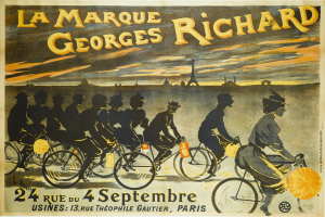 Ein Plakat, das ein Fahrradrennen in Paris, Frankreich, ankündigt und eine Gruppe von Radfahrern mit dem Eiffelturm im Hintergrund zeigt.