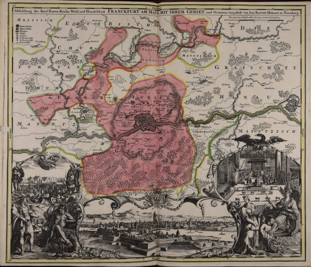 Ein altes Buch mit einer detaillierten Karte von Deutschland, umgeben von historischen Illustrationen und Text.