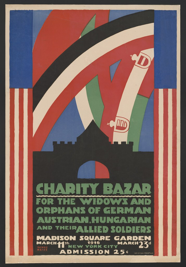 Plakat für den Wohltätigkeitsbasar für Witwen und Waisen deutscher, australischer, ungarischer und alliierter Soldaten mit Veranstaltungseinzelheiten im Text.