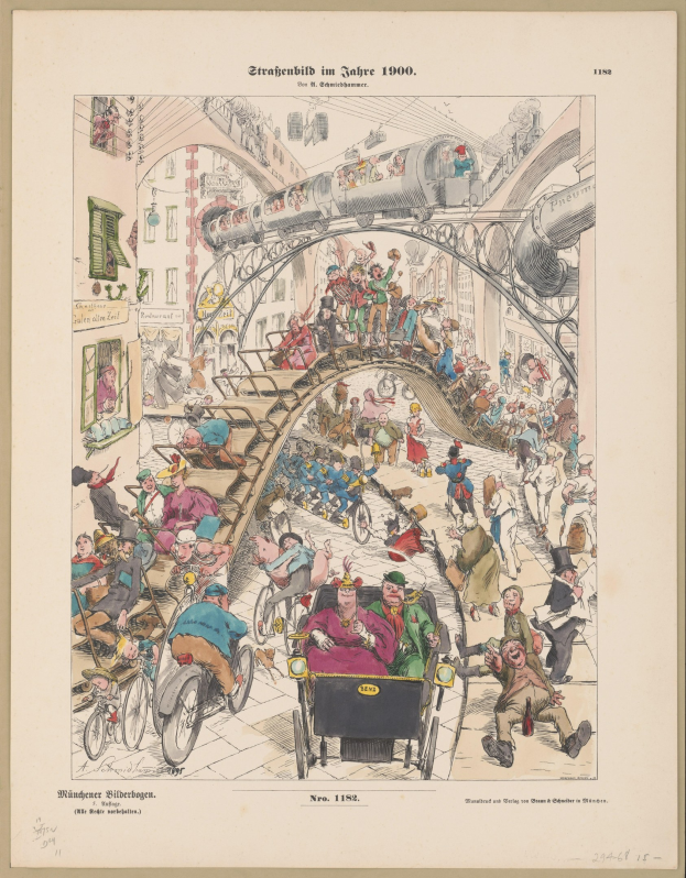 Schwarze und weiße Illustration einer belebten Bahnstation im Jahr 1900, eingerahmt von einem Fotorand, mit Menschen in dramatischen Posen.