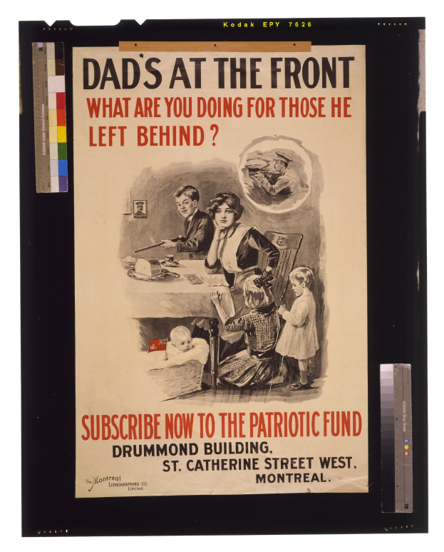 Plakat mit schwarzem Hintergrund, das eine Gruppe von Menschen und den Text "Dad's at the Front: What are you doing for those left behind?" zeigt