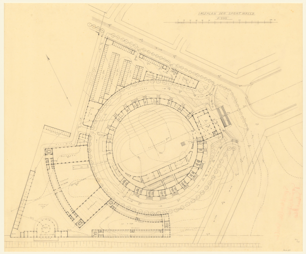 Schwarz-weißer Architekturplan eines Stadiongeländes mit umliegenden Gebäuden, betitelt als der vorgeschlagene Sport Hall in London, einschließlich handschriftlicher Anmerkungen.