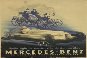 Eine Vintage-Werbung von Mercedes-Benz aus den 1930er Jahren, die ein Auto mit zwei Personen darin, ein Geb├Ąude im Hintergrund und beschreibenden Text zeigt.