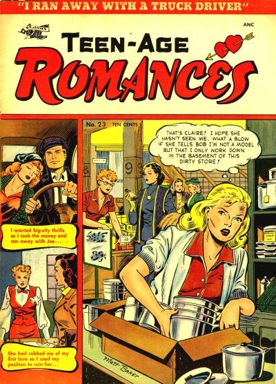 Ein leuchtendes DC-Comics-Plakat namens 'Teen-Age Romances 23-A', das eine Gruppe von Menschen in einer romantischen Umarmung zeigt.
