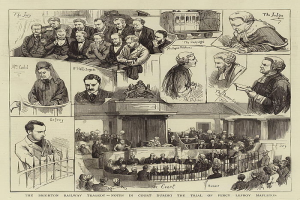Eine Schwarz-Weiß-Zeichnung einer Gerichtsszene mit einer Gruppe von Menschen, einer Person in der Mitte mit einem Buch und einer Eisenbahn im Hintergrund, mit der Aufschrift "The Brighton Railway Tragedy - Notes in Court During the Trial of Percy Leffroy Mapleton" unten.
