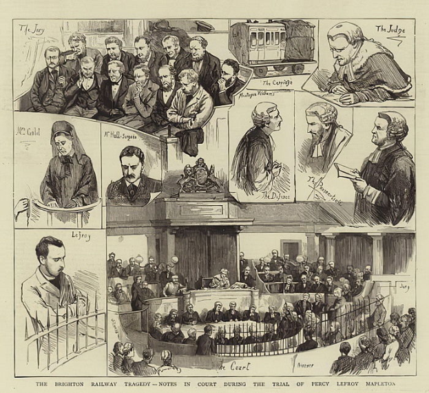 Eine Schwarz-Weiß-Zeichnung einer Gerichtsszene mit einer Gruppe von Menschen, einer Person in der Mitte mit einem Buch und einer Eisenbahn im Hintergrund, mit der Aufschrift "The Brighton Railway Tragedy - Notes in Court During the Trial of Percy Leffroy Mapleton" unten.