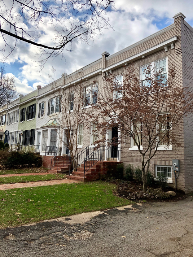 Eine Reihe von Stadthäusern in einer Wohngegend mit einem Baum davor, Fenstern, Türen, Treppen mit Geländern und umgebenden Pflanzen und Bäumen, mit einer Straße unten und einem bewölkten Himmel im Hintergrund.