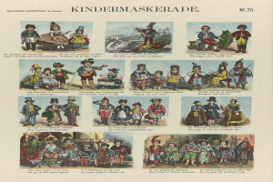 Ein Buch mit verschiedenen Kindern in bunten Kostümen, einige mit Masken und Hüten, begleitet von begleitendem Text.