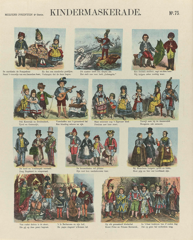 Ein Buch mit verschiedenen Kindern in bunten Kostümen, einige mit Masken und Hüten, begleitet von begleitendem Text.