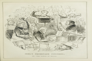 Ein Blatt mit einer Zeichnung von Musikern, die Instrumente spielen, mit der Aufschrift "Peel's Promenade Concerts oder, die Kraft des Klangs" unten.