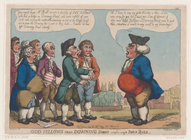 Cartoon illustration of people standing in front of a building with trees and sky, accompanied by text reading "odd fellows from downing street complaining to John Bull" at the bottom.