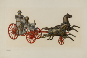 Zwei Pferde vor eine Feuerwache gespannt, mit den Rädern und dem Motor im Hintergrund.