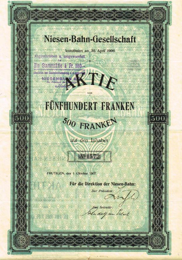 Altes deutsches Aktienzertifikat für "Niesen-Bahn-Gesellschaft" mit grünem Rand und deutschem Text.