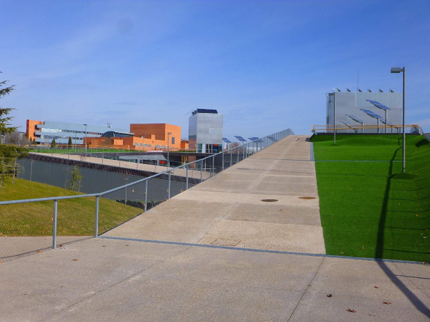 Ein gepflasterter Weg führt zu einem Gebäude mit einem grünen Rasen daneben, flankiert von Bäumen und Gras auf der linken Seite und Laternen auf der rechten Seite, mit Gebäuden und Himmel im Hintergrund.