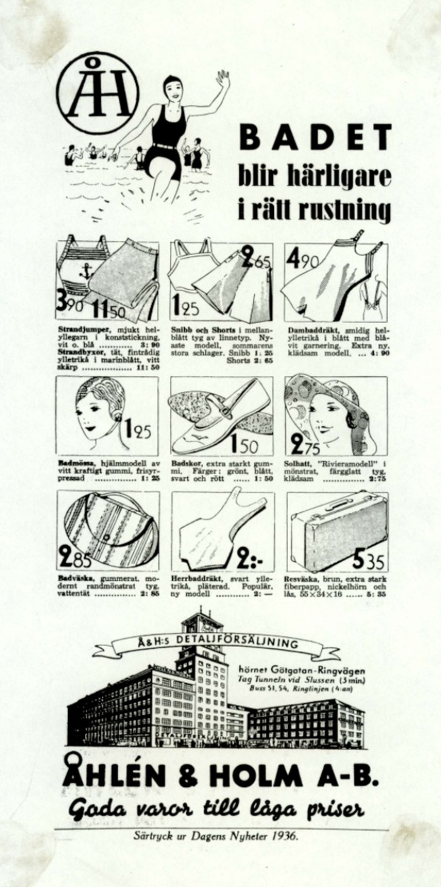 Werbung mit einer Frau in einem weißen Bikini mit blauen und weißen Streifen, die eine Pferdeschwanzfrisur trägt und direkt in die Kamera schaut, umgeben von Bildern von Menschen, Gebäuden und fettem Text in einer modernen Umgebung.