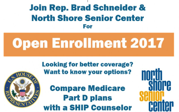 Plakat mit dem Text "Treten Sie ein für die Open Enrollment 2017 von Rep. Brad Schneider und North Shore Senior Center" und einem Logo.