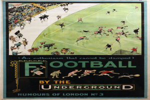 Ein Vintage-Plakat, das ein Fußballspiel bewirbt, mit der Aufschrift "Fußball unter der Erde - Londoner Humor Nr. 3", zeigt eine Zuschauermenge in einem Stadion.