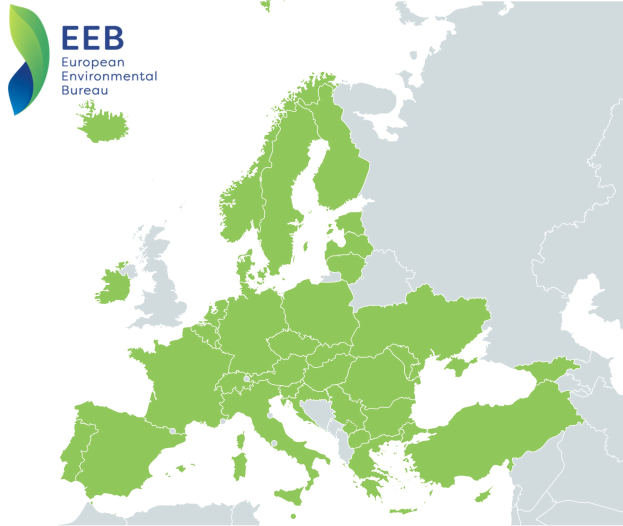 Eine Karte von Europa mit dem Logo des Europäischen Umweltbüros in der oberen linken Ecke, die in verschiedenen Grüntönen schattiert ist, um EU-Regionen anzuzeigen.
